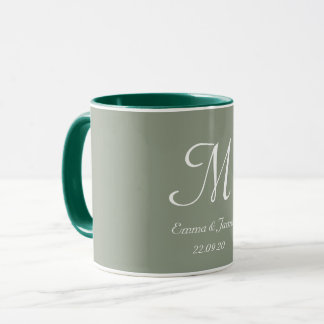 Sage Green & White Elegant Monogram Initial Name  Mug