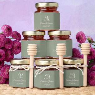 Sage Green, White Elegant Monogram Initial Wedding Honey Jar Favors