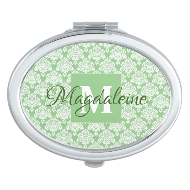 Sage Green & White Fancy Damask Monogram & Name Compact Mirror (Front)