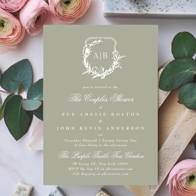 Sage Green White fig floral monogram couples Invitation