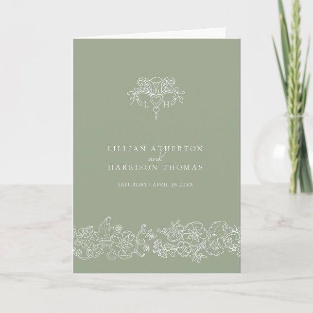 Sage green white fleur de lis monogram art wedding program (Front)