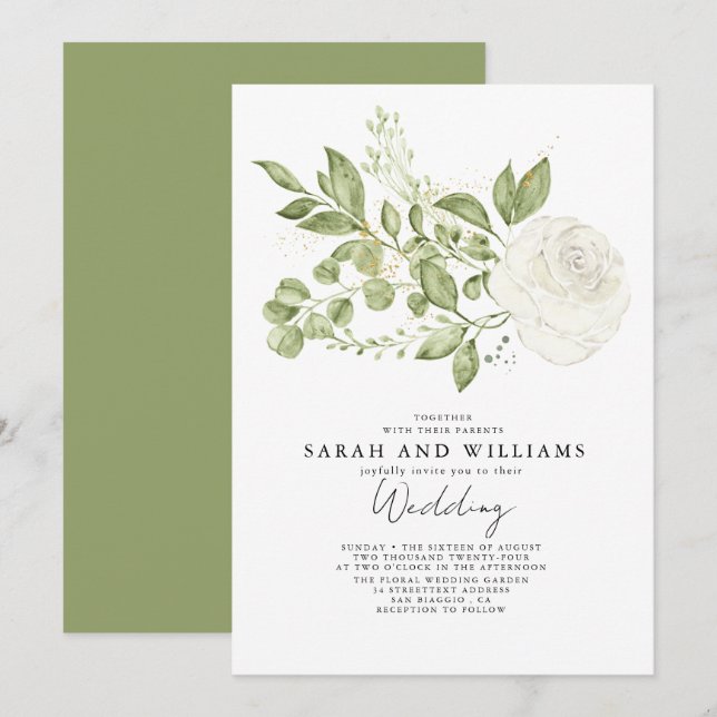 Sage Green White  Floral Boho Wedding  Invitation (Front/Back)