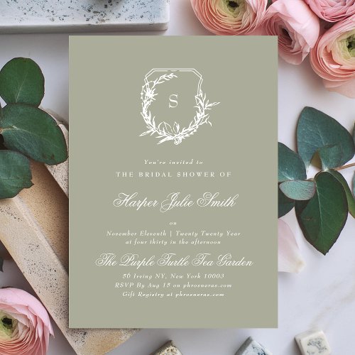 Sage Green White floral border monogram crest Invitation