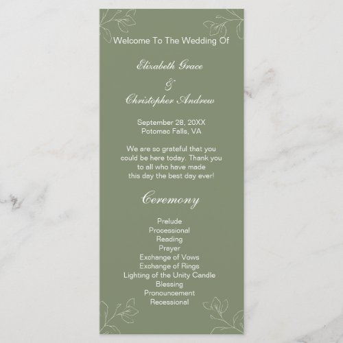 Sage Green White Floral Botanical Wedding Program