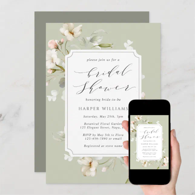 Sage Green White Floral Bridal Shower Invitation | Zazzle