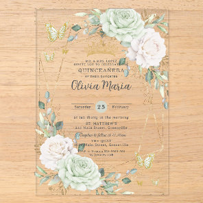 Sage Green & White Floral Butterflies Quinceanera Acrylic Invitations