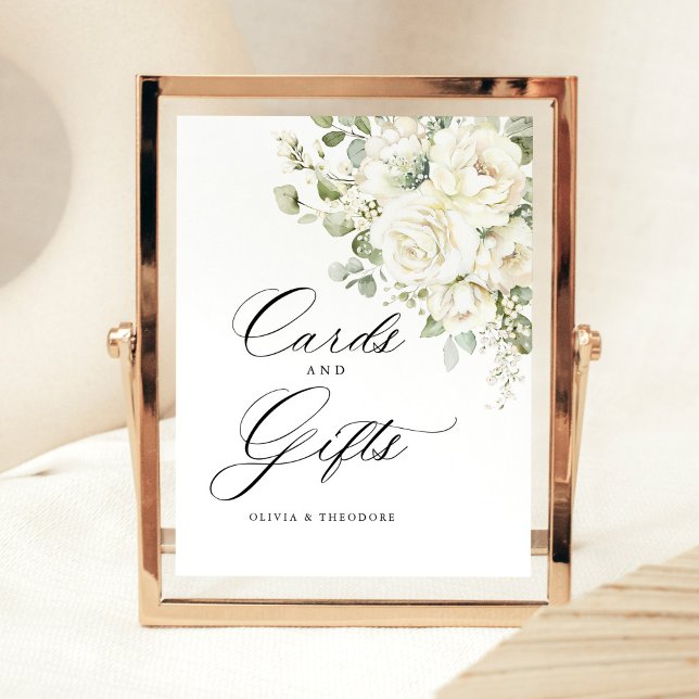 Sage Green White Floral Cards & Gifts Table Pedestal Sign (Wedding cards and gifts sign, sage green white floral watercolor, elegant reception pedestal sign)