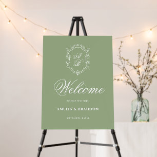 Sage Green & White Floral Crest Wedding Welcome Foam Board