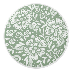 Sage Green White Floral Damask Pattern  Ceramic Knob