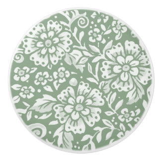 Sage Green White Floral Damask Pattern  Ceramic Knob