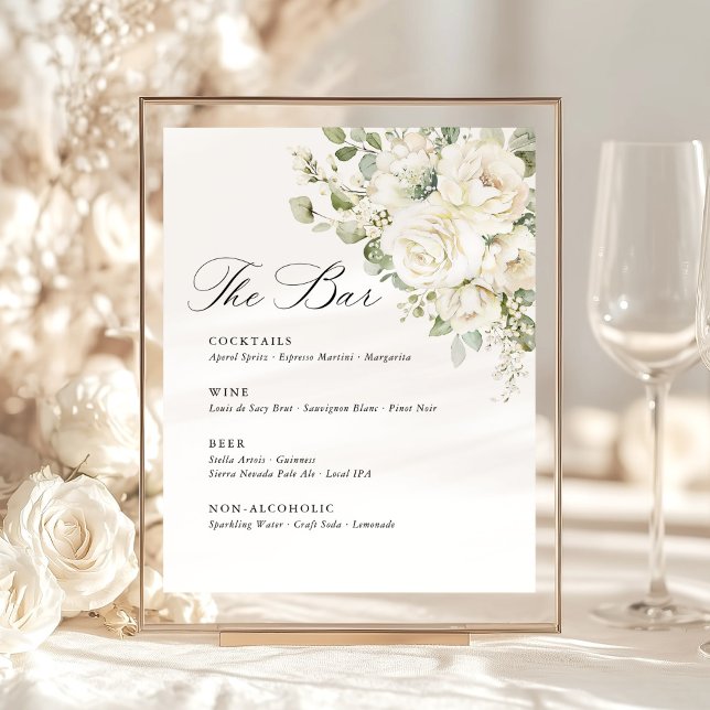 Sage Green White Floral Elegant Wedding Bar Menu Pedestal Sign (Sage green white floral wedding bar menu sign, watercolor greenery, elegant reception bar signage)