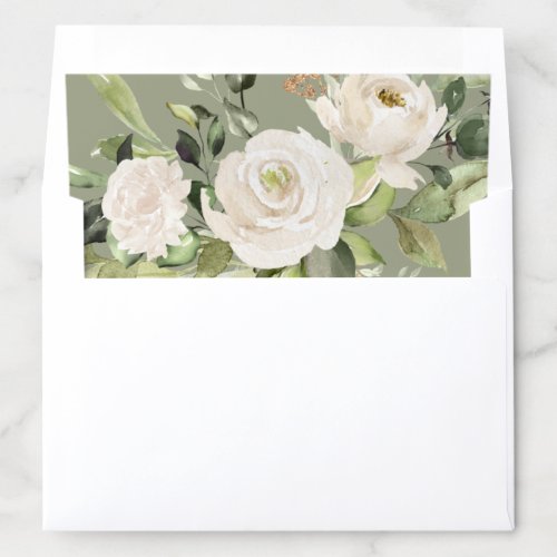 Sage Green White Floral Foliage Watercolor Wedding Envelope Liner