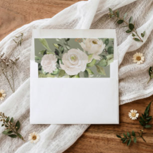 Sage Green White Floral Foliage Watercolor Wedding Envelope Liner