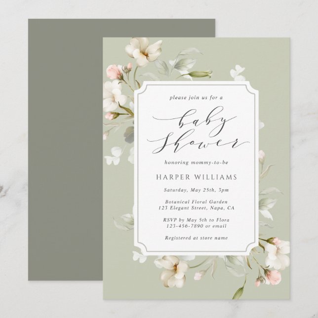 Sage Green White Floral Gender Neutral Baby Shower Invitation (Front/Back)