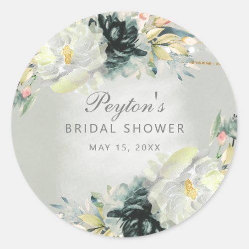 Sage Green White Floral Glitter Bridal Shower  Classic Round Sticker