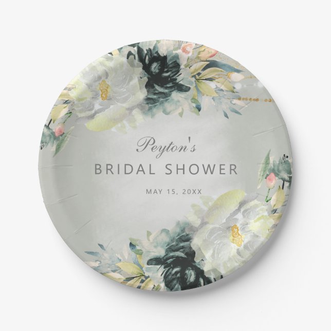 Sage Green White Floral Glitter Bridal Shower Paper Plates (Front)