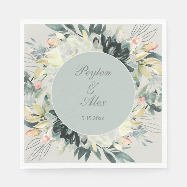 Sage Green White Floral Glitter Wedding Napkins (Front)