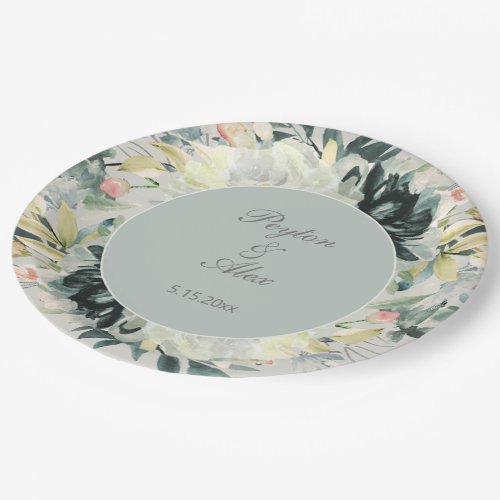 Sage Green White Floral Glitter Wedding   Paper Plates