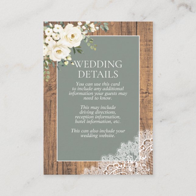 Sage Green White Floral Lace Wood Details Enclosure Card (Front)
