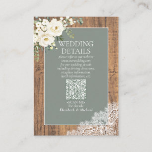 Sage Green White Floral Lace Wood QR Code Details Enclosure Card
