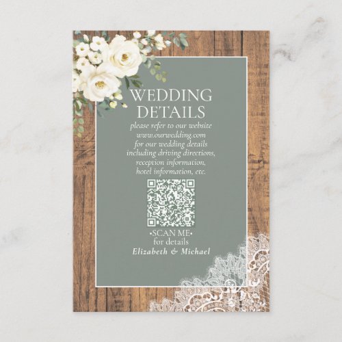 Sage Green White Floral Lace Wood QR Code Details Enclosure Card