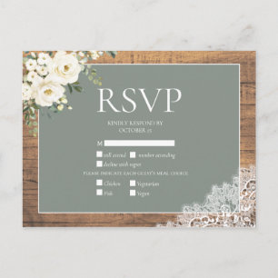 Sage Green White Floral Lace Wood Wedding RSVP Invitation Postcard