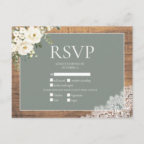 Sage Green White Floral Lace Wood Wedding RSVP Invitation Postcard