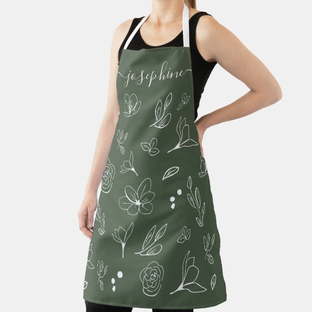 Sage green White Floral Minimal personalized Apron (Insitu)