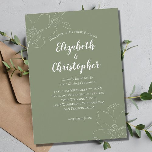 Sage Green White Floral Modern Wedding Invitation