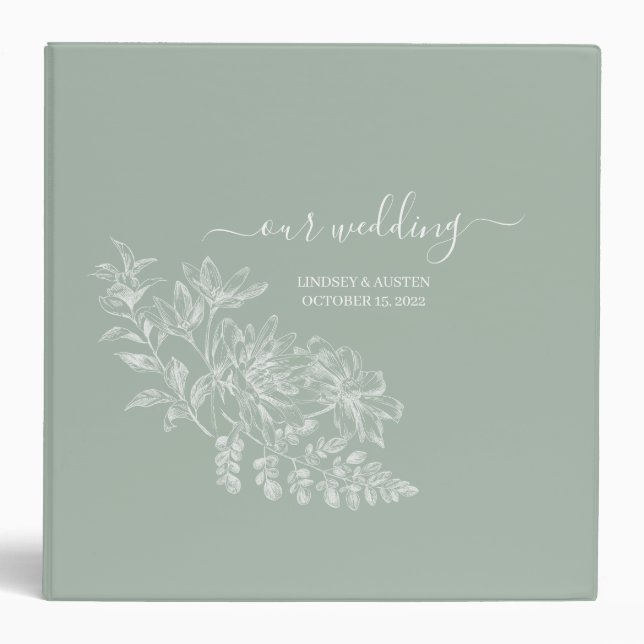 Sage Green White Floral Our Wedding Planner Photos 3 Ring Binder (Front)