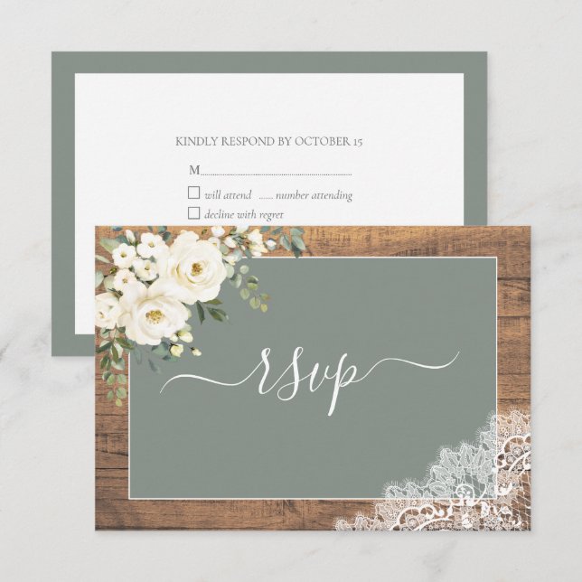 Sage Green White Floral Script Lace Wood RSVP (Front/Back)