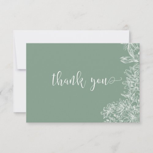 Sage Green White Floral Script Thank You Note Card