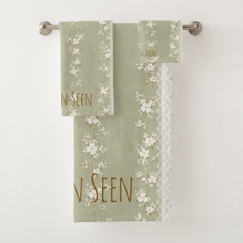 Sage Green White Floral Towel Set Elegant Chic