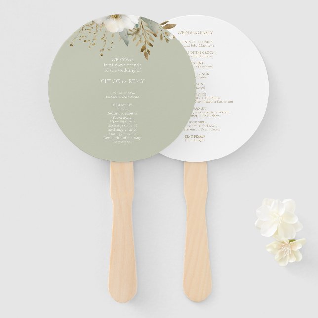 Sage Green & White | Floral Watercolor Wedding Hand Fan (Front and Back)