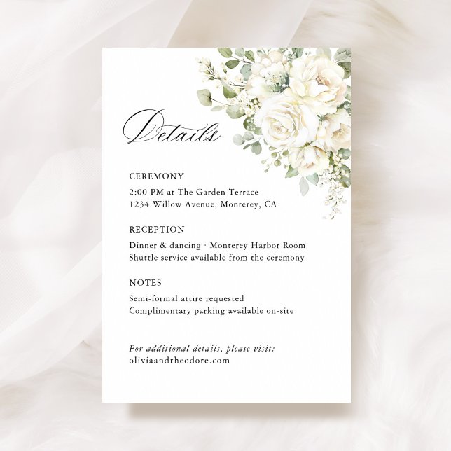 Sage Green White Floral Wedding Details, Ceremony Enclosure Card (Sage green white floral watercolor wedding details card, Elegant ceremony reception info stationery)