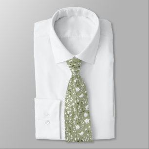 Sage Green White Floral Wedding Groomsman Groom Neck Tie