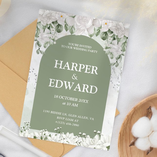 Sage Green White Floral Wedding Invitation (Creator Uploaded)