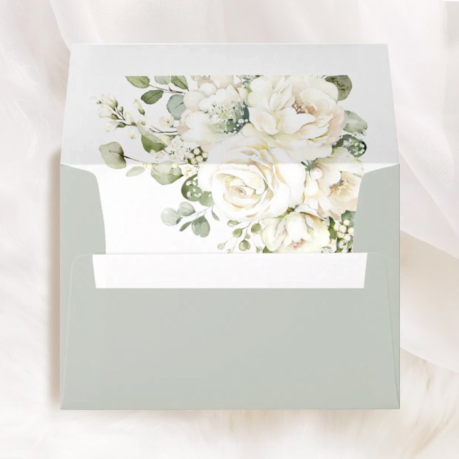 Sage Green White Floral Wedding Liner & Addressed Envelope (Sage green white floral wedding envelope liner, printed addressed envelope, watercolor stationery)