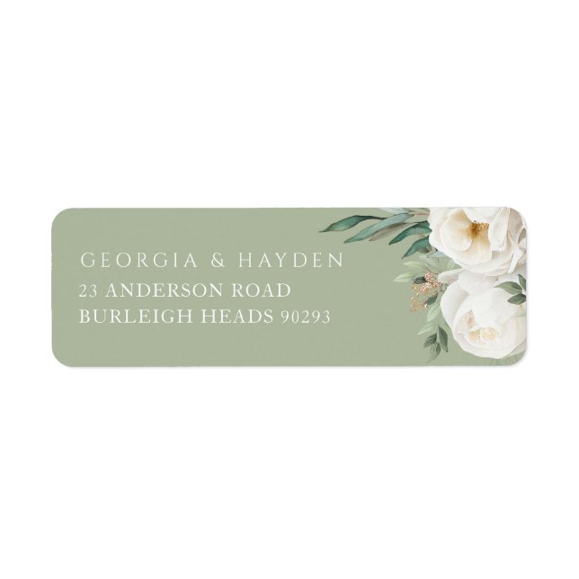 Sage Green & White Floral Wedding Return Address Label (Front)