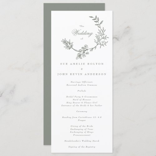 Sage Green White Floral Wreath Wedding Program