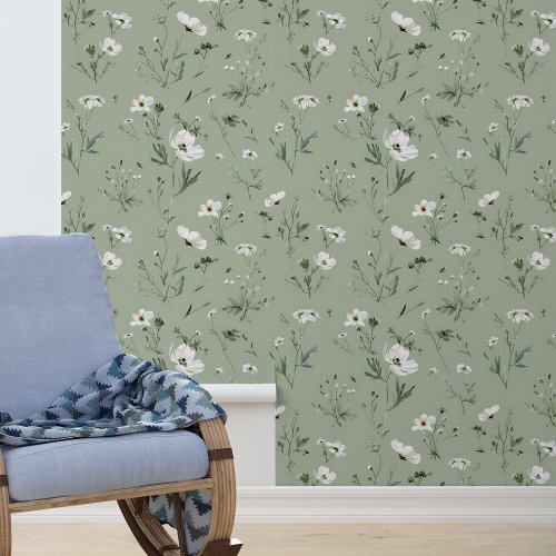 Sage green White Flower Floral  Wallpaper