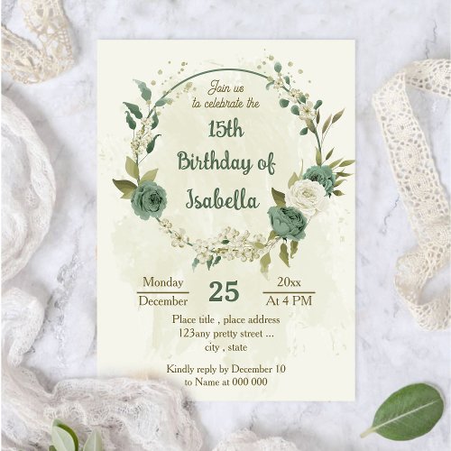 sage green white flowers botanical birthday