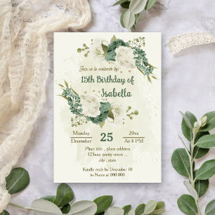 sage green white flowers botanical birthday invitation