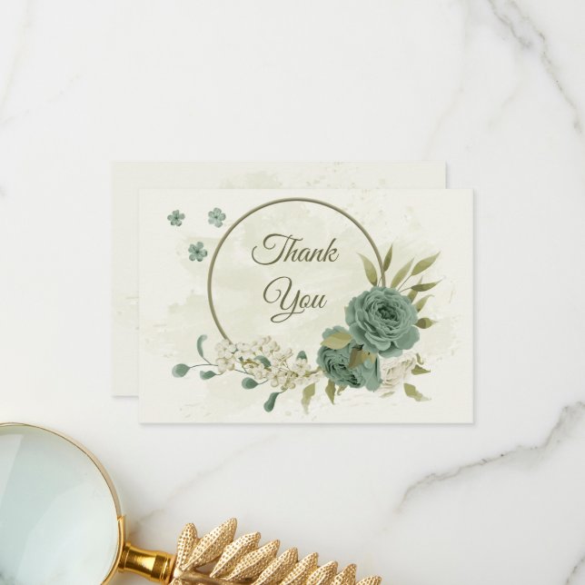 sage green white flowers botanical wedding thank you card (Front/Back In Situ)