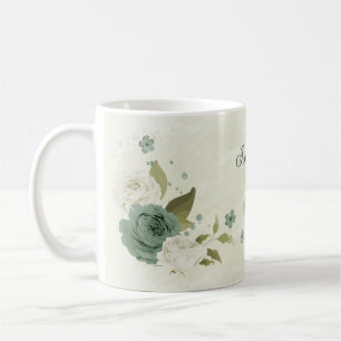 sage green white flowers coffee mug