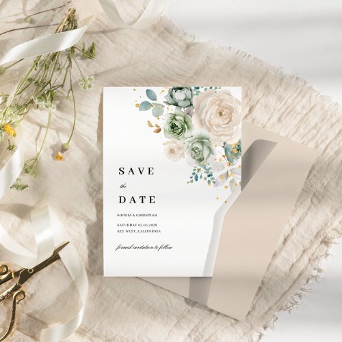 Sage Green  White Flowers Save the Date V2 Invitation