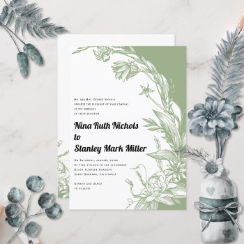 Sage Green White Flowers Typography Floral Wedding Invitation by weddings_ at Zazzle