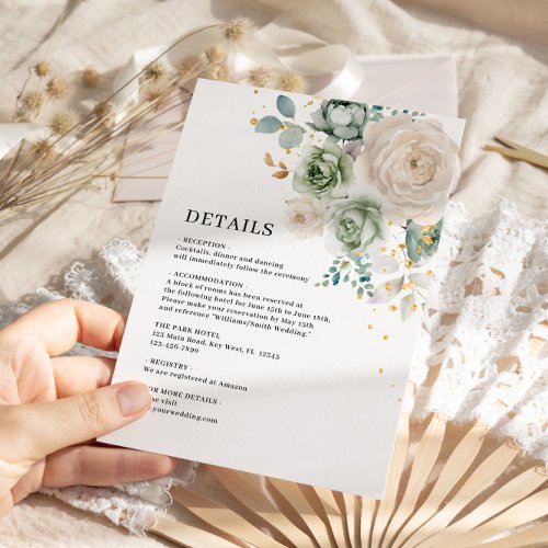 Sage Green  White Flowers Wedding Details Enclosure Card