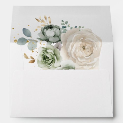 Sage Green  White Flowers Wedding Envelopes