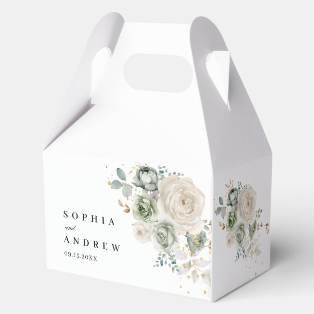 Sage Green & White Flowers Wedding Favor Boxes (Back)